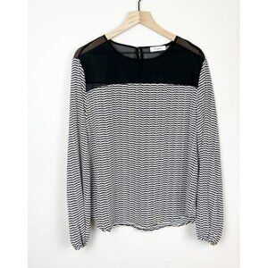 Calvin Klein Womens Silky Blouse Top Houndstooth Print Black White Sz Small
